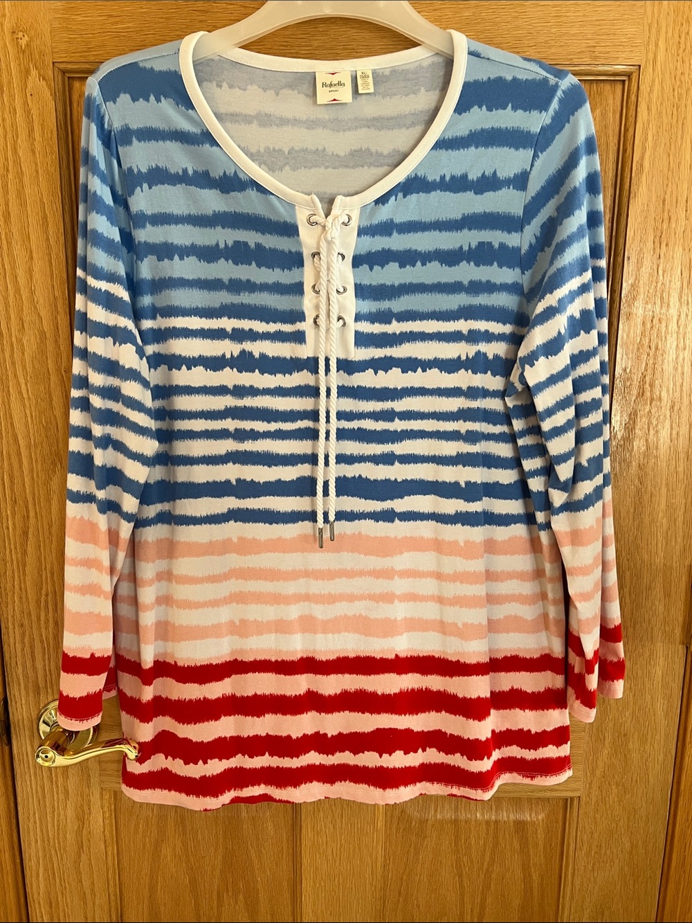 Rafaella Blue, Light Blue, Pink & Red Striped Lace-Up Long Sleeve Henley Tee XL